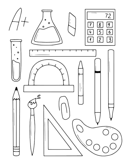 Insieme di elementi scolastici illustrazione vettoriale stile doodle raccolta di elementi scolastici ritorno a scuola