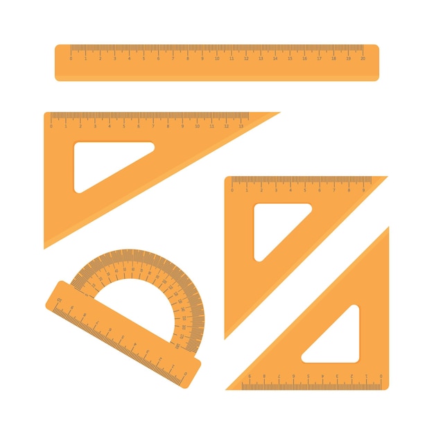 Набор школьных линий оранжевого цвета различной формы линейка транспортир треугольник Деревянная линейка транспортир Школьные канцелярские векторные иллюстрации изолированы на белом фоне