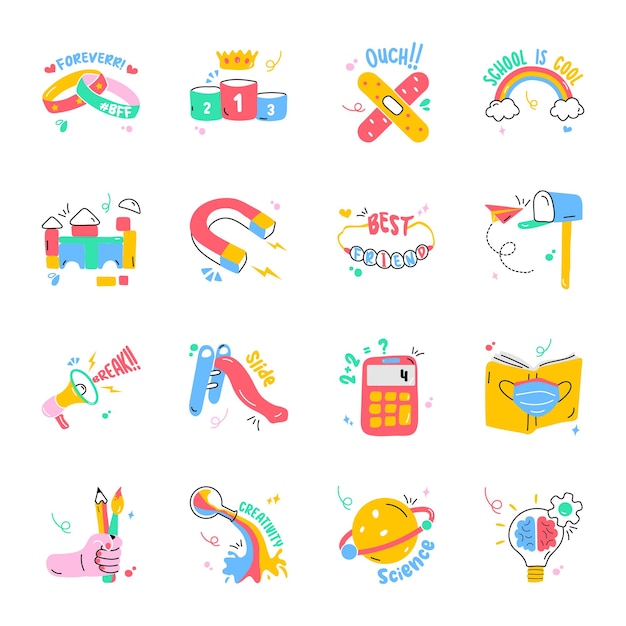 Set of School Objects Flat Stickers