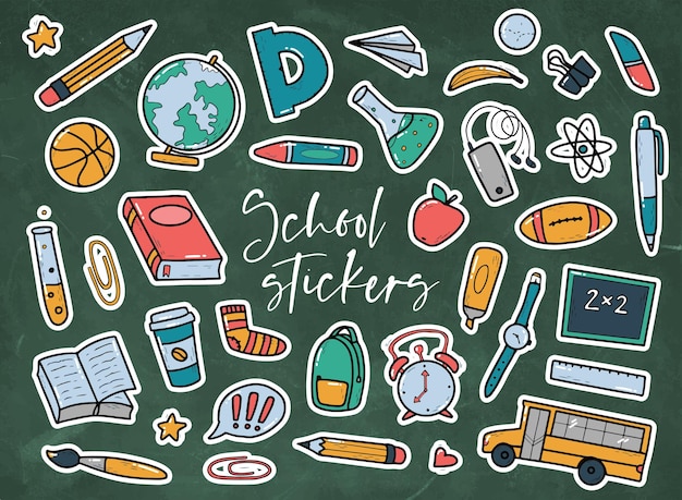 Vector set school stickers stationaire doodles