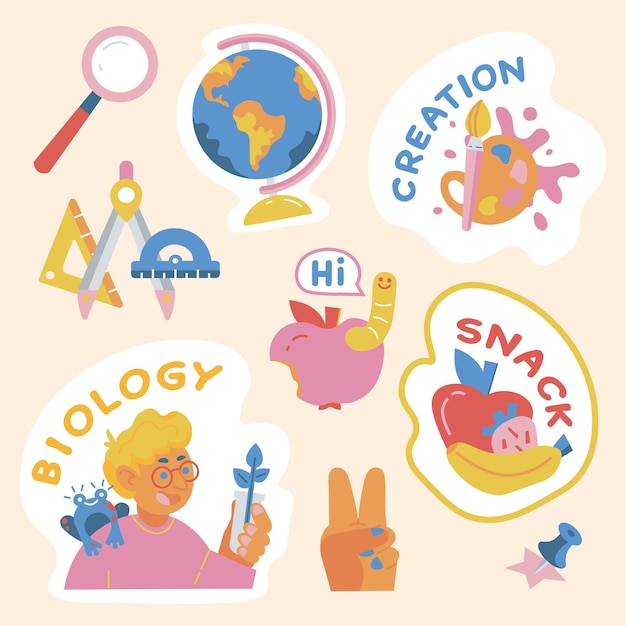 Set of school stickers vector biology ruler globe creativity