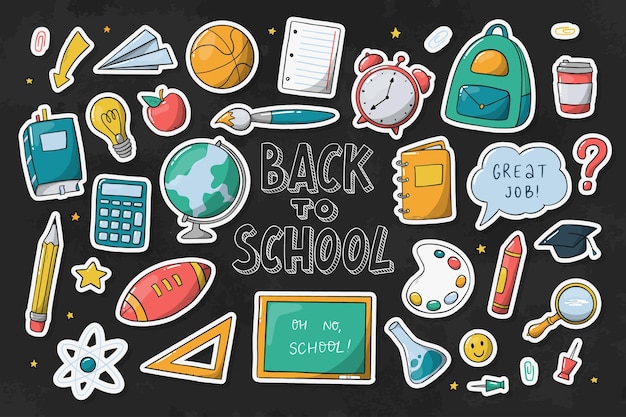 Vector set of school stickers with white edge isolated on blackboard background