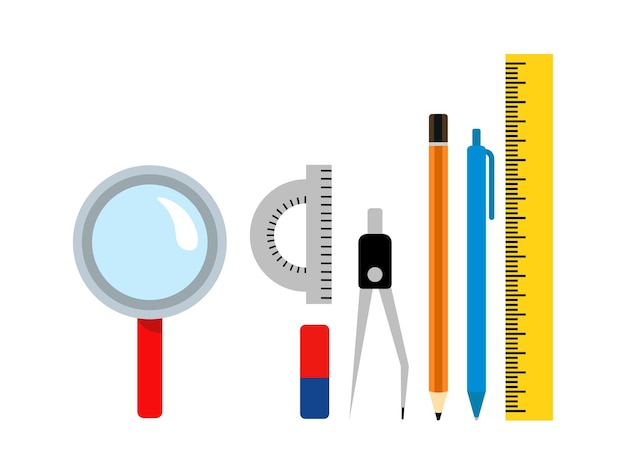 Vettore set di forniture scolastiche collezione di articoli di cancelleria per l'istruzione e le lezioni gomma di lente d'ingrandimento