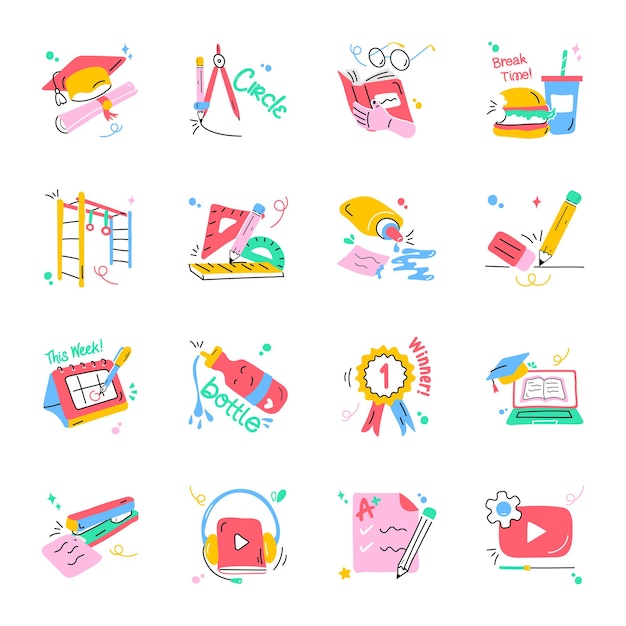 Set of School Supplies Flat Stickers