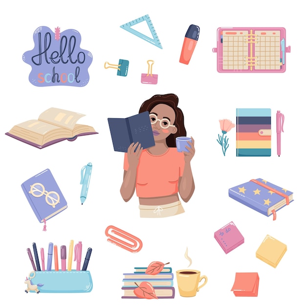 Vector set of school supplies and girl childish cute stationery subjects back to school vector flat illustration in hand drawn style