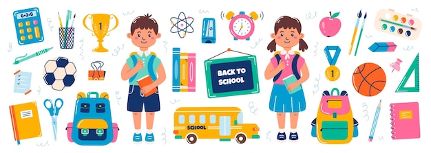 Set of school supplies schoolchildren concept of back to school Vector flat illustration