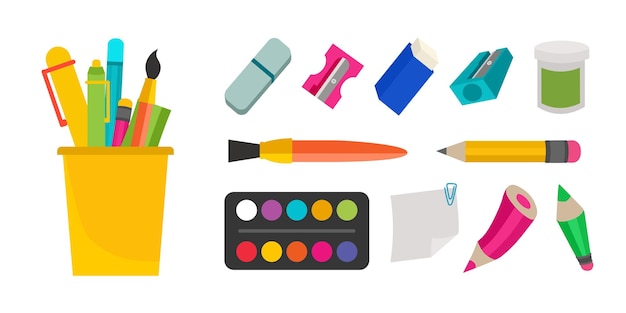 A set of school supplies stationery paints brushes sharpeners pencils eraser erasers illustration