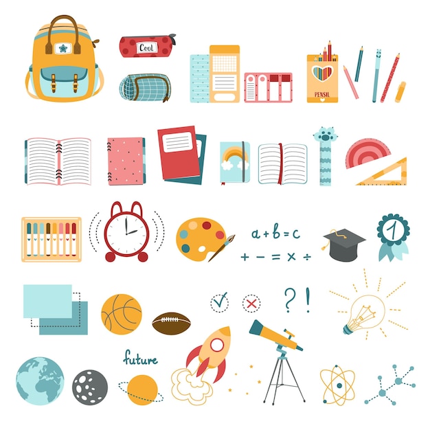 Набор школьных инструментов, набор иконок образования, обратно в школу, канцелярские принадлежности для школьника, школа