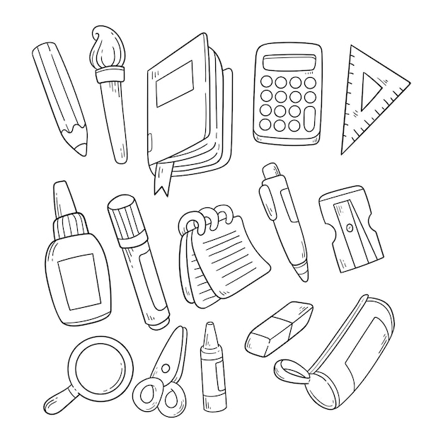 Set of school utensil illustration outline sketch collection