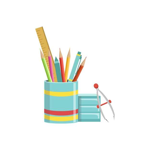 Vector set of school utensils in plactic cup