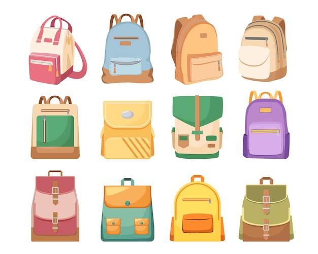 Vector set of schoolbags, kids school bags of bright colors, knapsacks and rucksacks. student baby backpacks with slings, icons