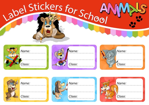 Set schoollabels met schattige dieren