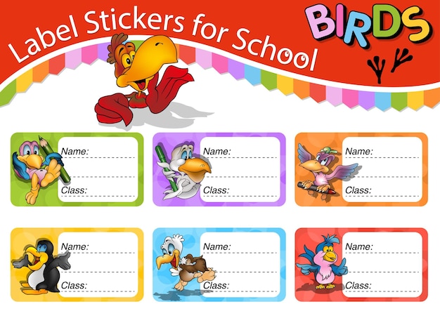 Set schoollabels met schattige vogels