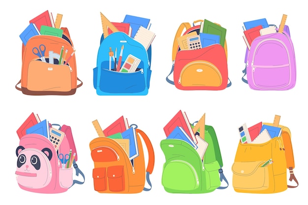 Set schoolrugzakken Kindertassen voor het vervoeren van schoolbenodigdheden Vectorillustratie
