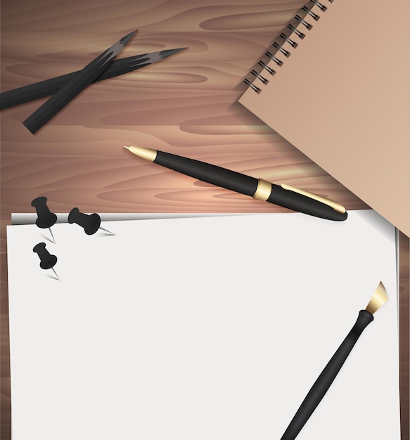 Set schrijfgereedschap op houten achtergrond Vectorelementen