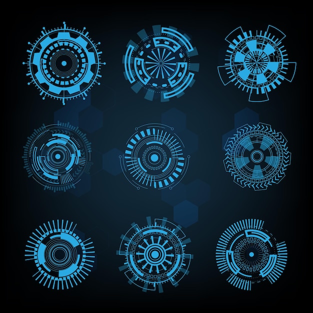 Set of sci fi futuristic user interfaces on blue background. Vector illustration.