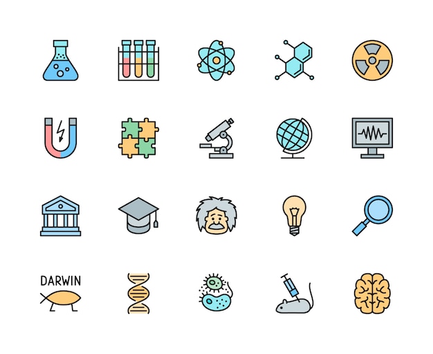 Set of science color line icons. school globe, evolution, dna, bacteria and more