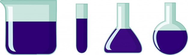 Set of science containers with blue liquid inside