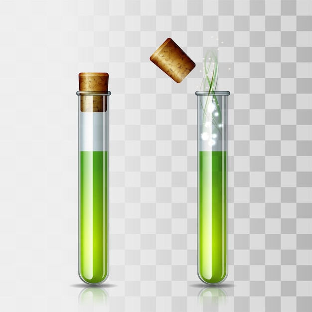 Set of scientific or medical glassware with cork cover closed and opened transparent test tubes filled with green liquid