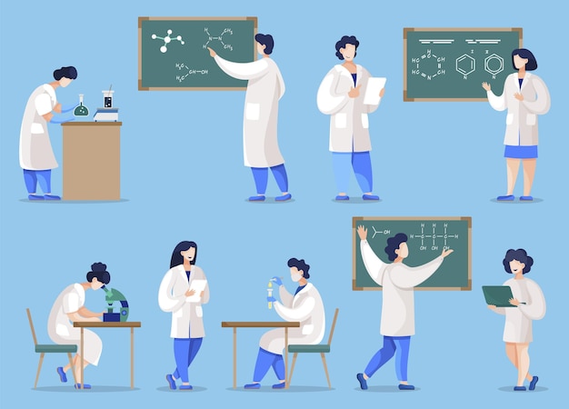Set of scientists and researchers Isolated collection of characters Chemistry lessons in uni or college professors and students Lab with blackboards and equipment for classes vector in flat