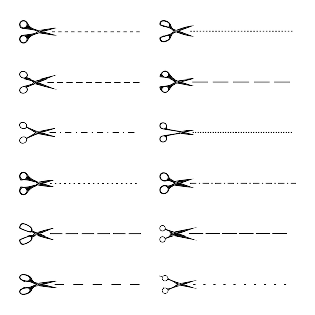 Set of scissors with cut lines, vector illustration