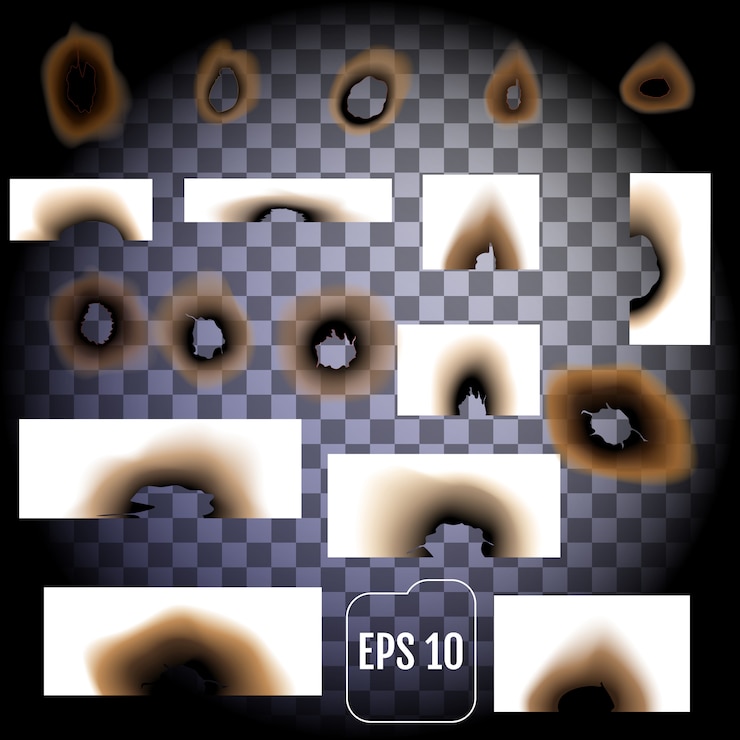 Vector set of scorched piece of paper and burnt holes 