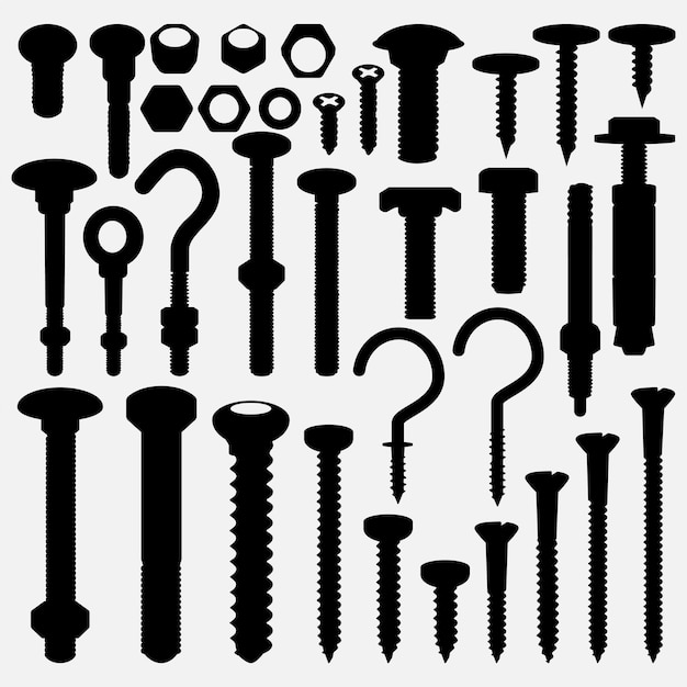 Vector set of screws bolts nuts vector silhouettes