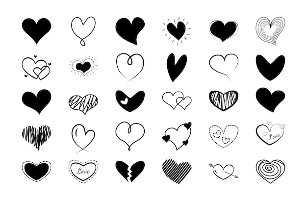 Set of scribble doodle hearts Black hand drawn hearts of different shapes and colors