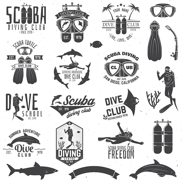 Vector set of scuba diving club and diving school design