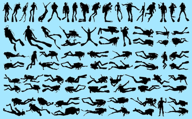 Vector set of scuba diving or scuba driver silhouettes vector illustration