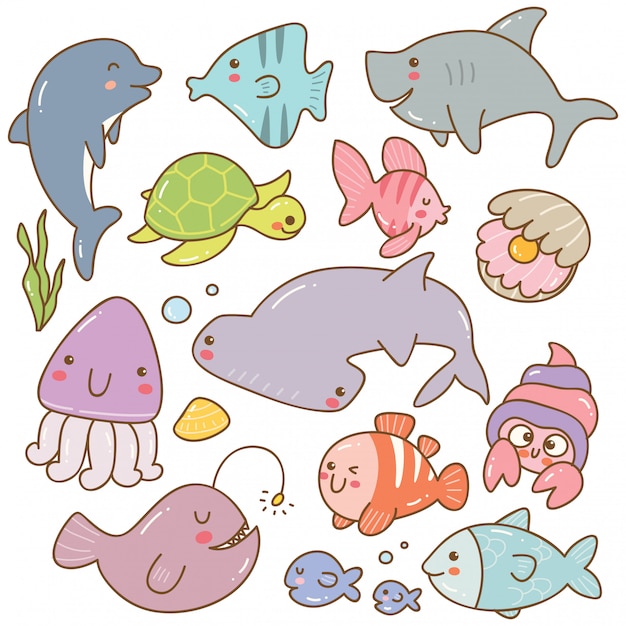 Set of sea animal kawaii doodles