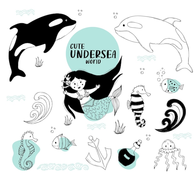 Set sea animals Cute mermaid whale and killer whale fish jellyfish seahorse Outline Linear doodles