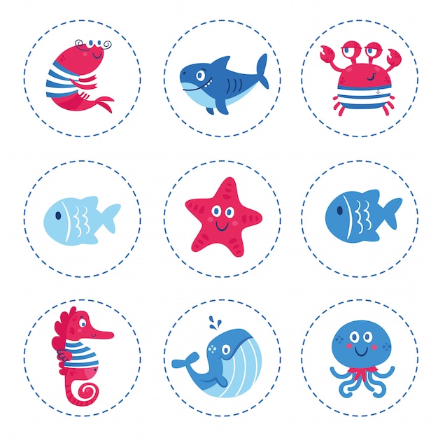 Set of sea animals fish shark whale octopus star seahorse crab.