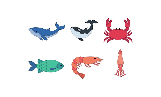 白い背景に海の動物のベクトル図のセット フラット スタイル
