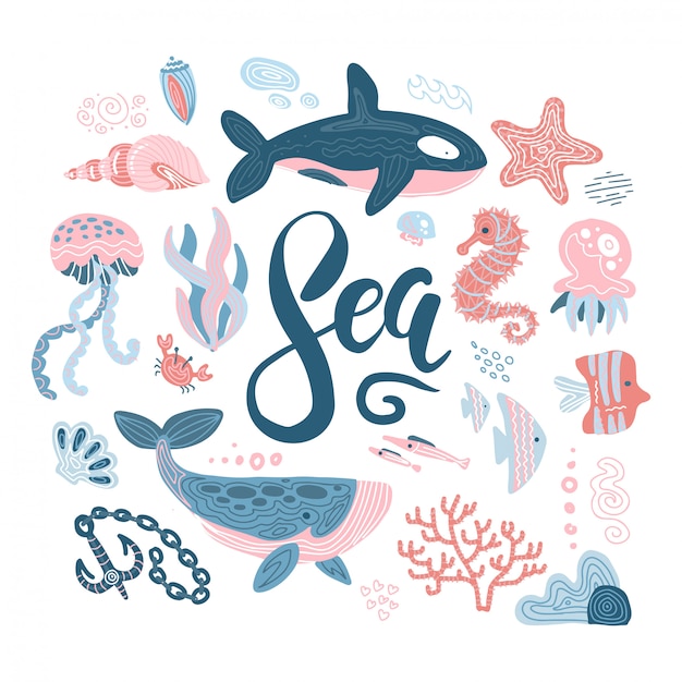 Set of sea animals