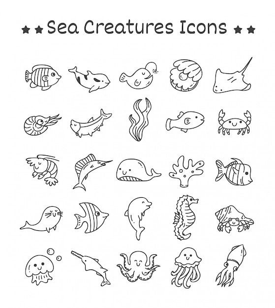 Set of Sea Creatures Icons in Doodle Style