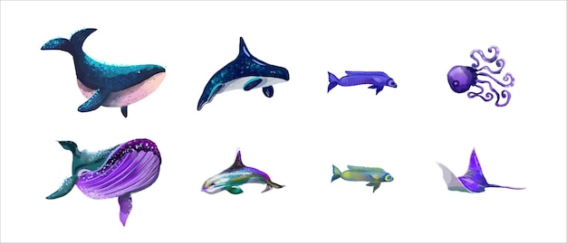 Set of sea creatures isolated ocean animals