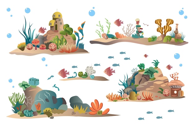 Vector set sea in the flat cartoon style a captivating set of seathemed illustrations