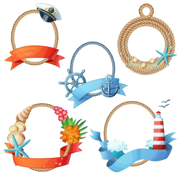 Set of sea frames ropes with anchors seashells