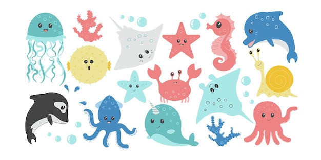 Set of sea life elements Collection of cute sea animals