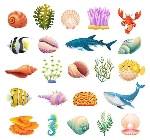 Set of sea life underwater icons cartoon illustrations