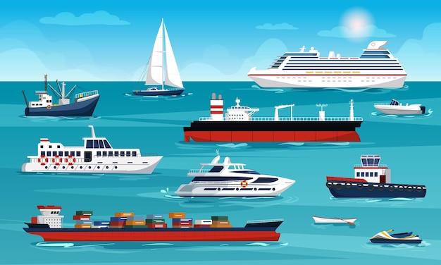 Set of sea and ocean ships and sea transport Vector illustration