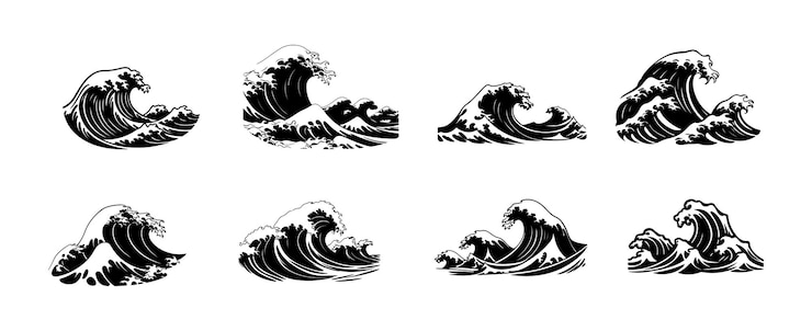 Set of sea wave silhouette isolated on white background Nature ocean graphic symbol vector illustration