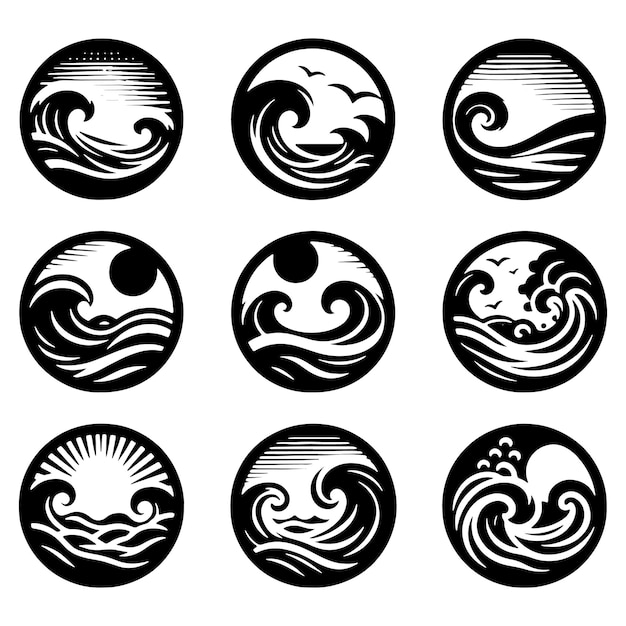 Vector set of sea wave sunset logo icon silhouette symbols clipart sunset logo concept sunset on a beach