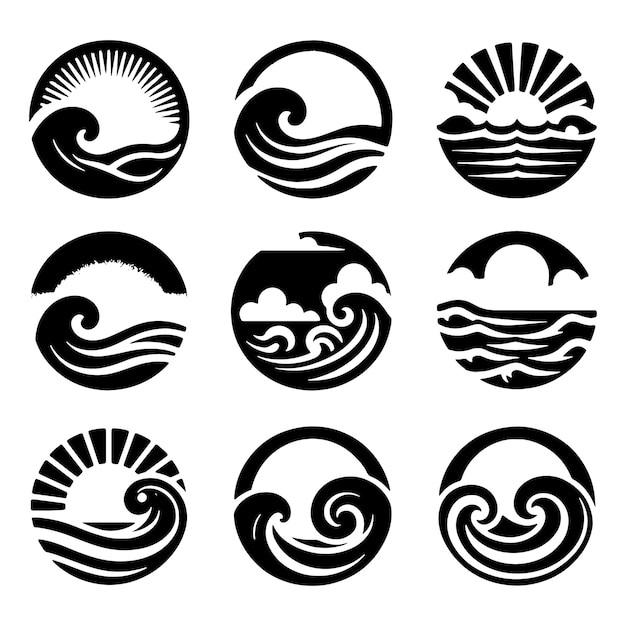 Vector set of sea wave sunset logo icon silhouette symbols clipart sunset logo concept sunset on a beach