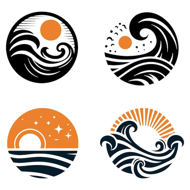 Vector set of sea wave sunset logo icon silhouette symbols clipart sunset logo concept