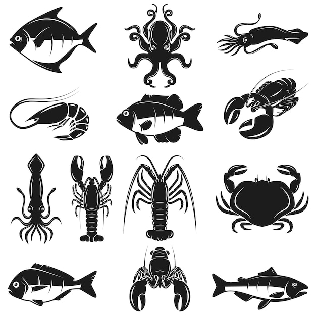 Insieme delle icone dei frutti di mare su fondo bianco. elemento per logo, etichetta, emblema, segno, banner, poster. illustrazione