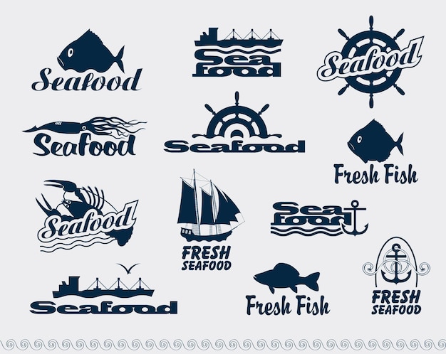 set of seafood labels