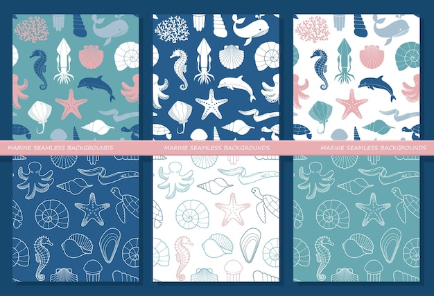 Set of seamless backgrounds on the theme of the sea and marine life