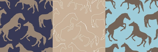 Set of seamless backgrounds wih outline horse silhouettes